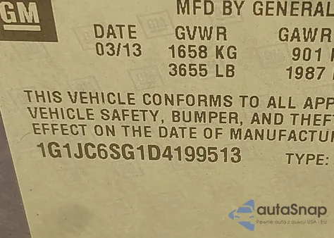 2013 Chevrolet Sonic Lt Auto from USA, damaged, VIN 1G1JC6SG1D4199513